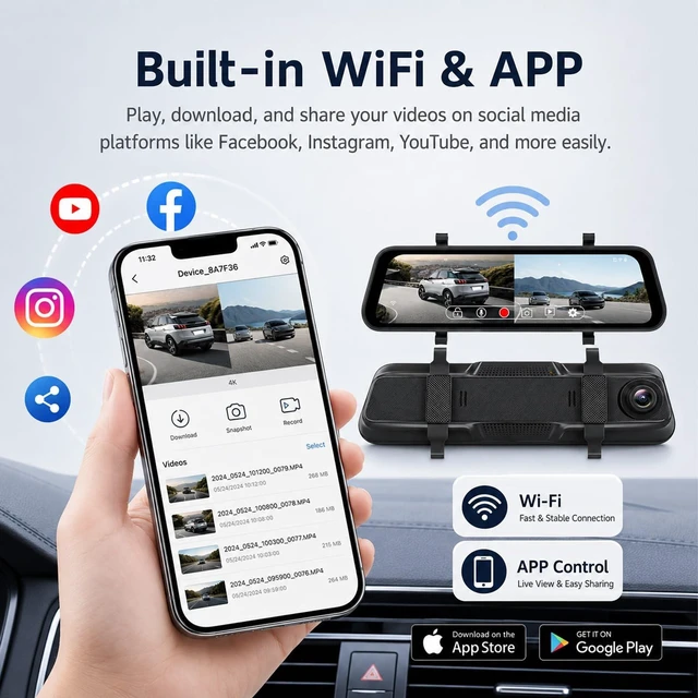 Alt view image 3 of 5 - 4K Mirror Dash Cam, Volxcereo 9.66 Rear View Mirror Camera with WiFi & APP