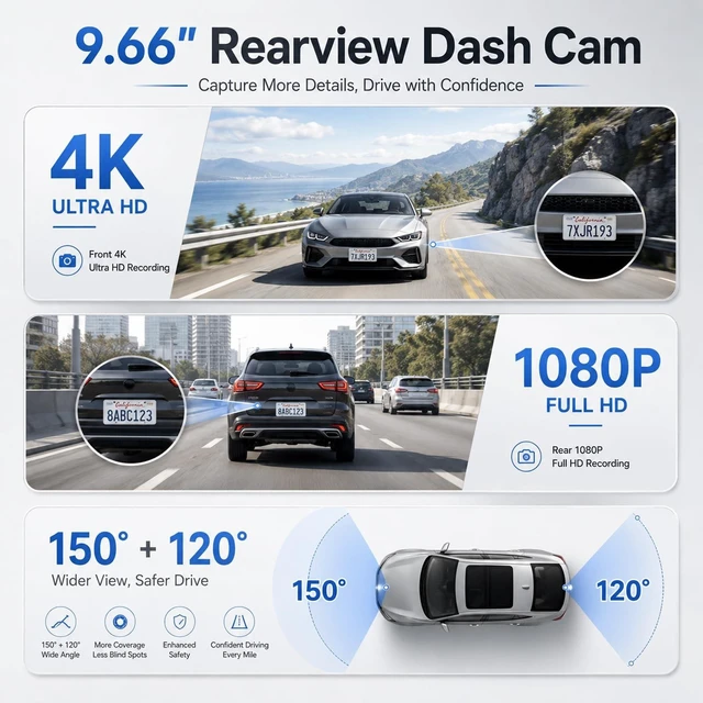 Alt view image 4 of 5 - 4K Mirror Dash Cam, Volxcereo 9.66 Rear View Mirror Camera with WiFi & APP