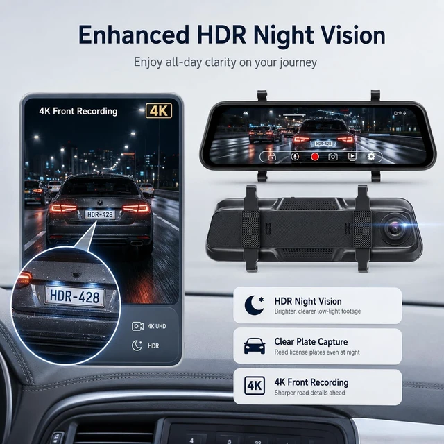 Alt view image 5 of 5 - 4K Mirror Dash Cam, Volxcereo 9.66 Rear View Mirror Camera with WiFi & APP