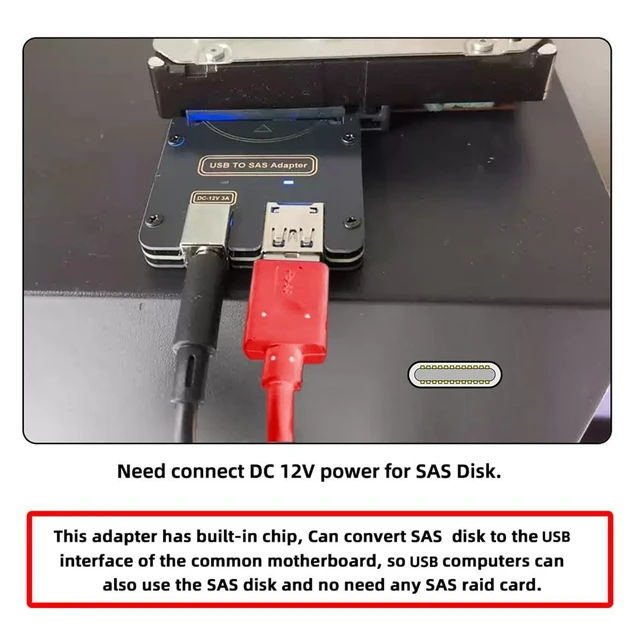 Alt view image 4 of 5 - Xiwai SAS SFF-8482 29Pin to USB Type-C & Type-A 5Gbps Raid Adapter Hard Disk Drive with Chipset and Power Port (Need 12V/3A Power Supply)