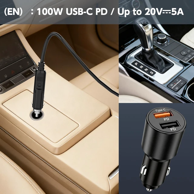 Alt view image 2 of 5 - ROLADA 100W USB C Car Charger for MacBook Pro Air Dell XPS Latitude, 20V