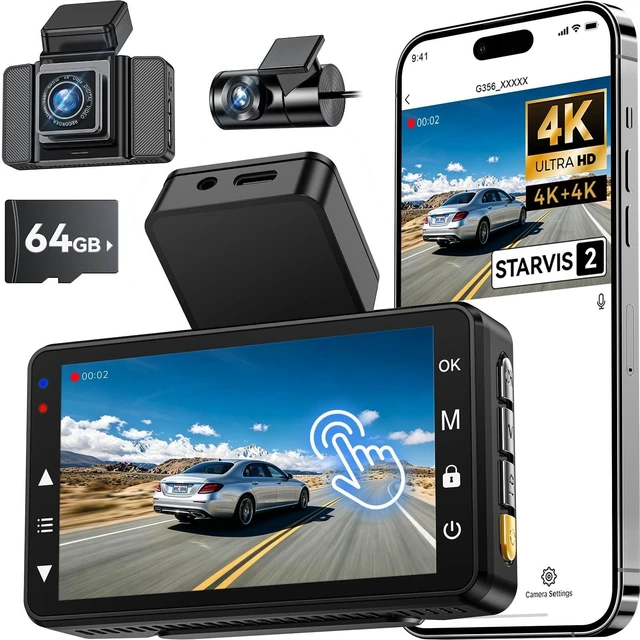 Main image of 4K+4K FrontRear Dash Cam, 3.6" IPS Touch Screen, Sony STARVIS Image Sensor, Builtin WiFi, APP Control Supported, GSensor, Night Vision, Loop Recording, 24H Parking Mode, 64GB Card Included