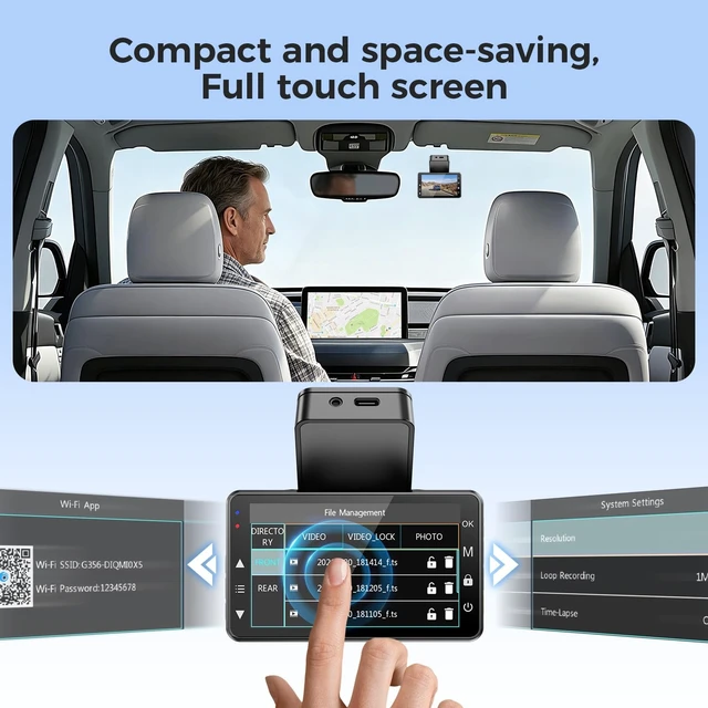 Alt view image 3 of 5 - 4K+4K FrontRear Dash Cam, 3.6" IPS Touch Screen, Sony STARVIS Image Sensor, Builtin WiFi, APP Control Supported, GSensor, Night Vision, Loop Recording, 24H Parking Mode, 64GB Card Included
