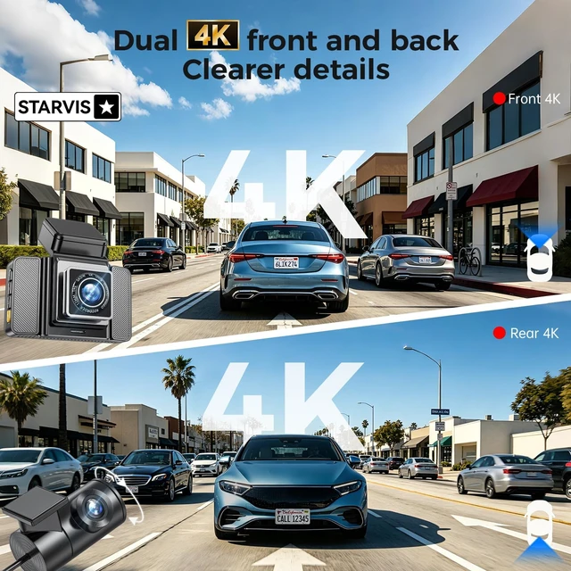 Alt view image 2 of 5 - 4K+4K FrontRear Dash Cam, 3.6" IPS Touch Screen, Sony STARVIS Image Sensor, Builtin WiFi, APP Control Supported, GSensor, Night Vision, Loop Recording, 24H Parking Mode, 64GB Card Included