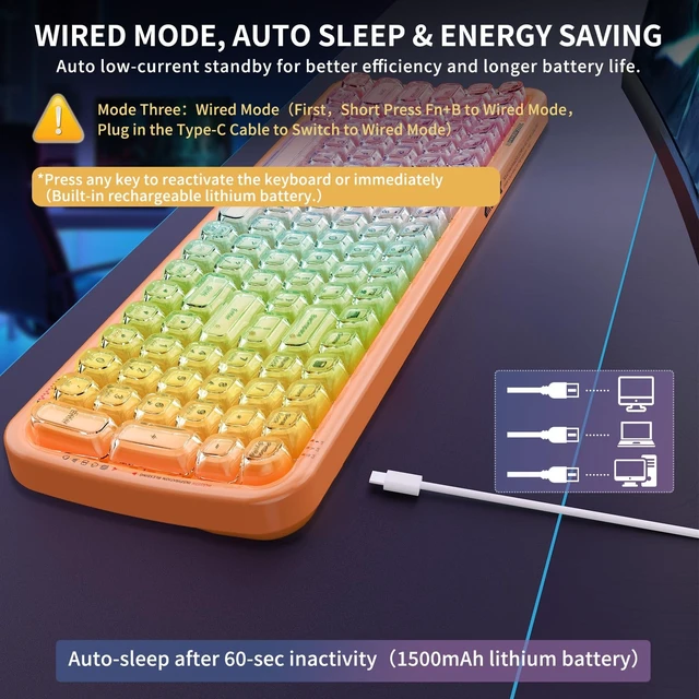 Alt view image 2 of 5 - Orange Light Up Keyboard Wireless,Clear Transparent Backlit Jelly Keycaps
