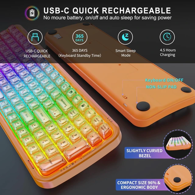 Alt view image 3 of 5 - Orange Light Up Keyboard Wireless,Clear Transparent Backlit Jelly Keycaps