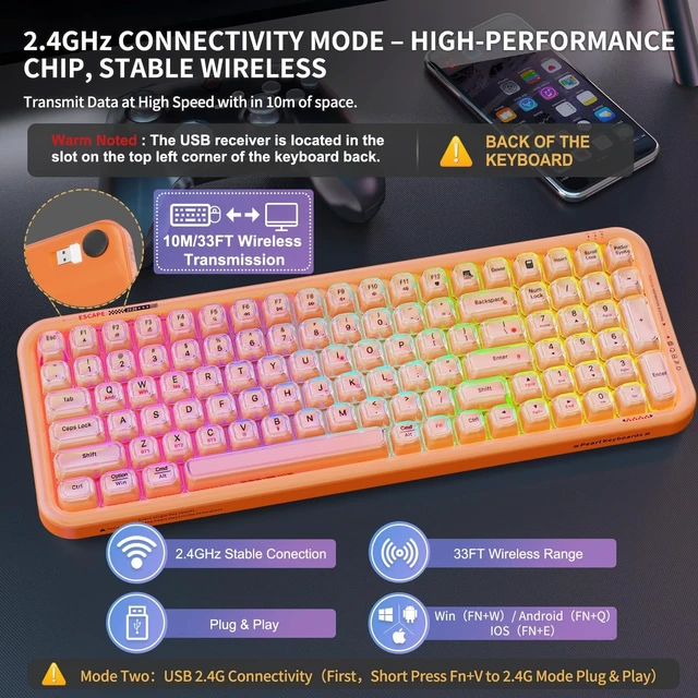 Alt view image 4 of 5 - Orange Light Up Keyboard Wireless,Clear Transparent Backlit Jelly Keycaps