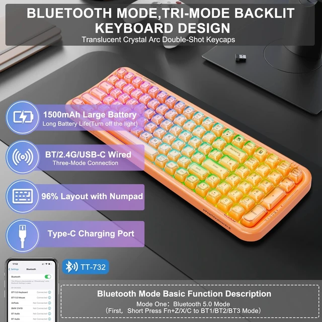 Alt view image 5 of 5 - Orange Light Up Keyboard Wireless,Clear Transparent Backlit Jelly Keycaps