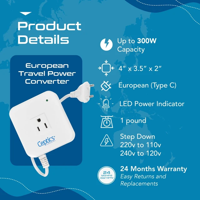 Alt view image 5 of 5 - Ceptics 300 Watt Step Down Voltage Converter Converts 220V/240V to 110V/120V Perfect for Hair Straighteners, Laptops, and Chargers CE Certified Travel Converter