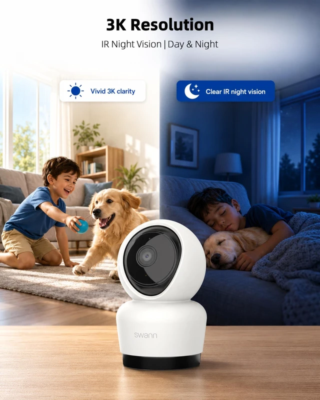 Alt view image 3 of 5 - Swann 3K Indoor Pan Tilt WiFi Security Camera, 5MP Baby Pet Home PT Camera