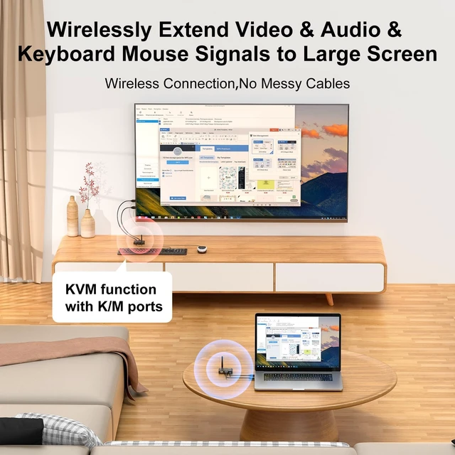 Alt view image 2 of 5 - 200M/650Ft Wireless HDMI KVM Transmitter and Receiver Kit 1080P@60Hz HDMI & USB Wireless Video & Audio & Keyboard Mouse Extender PC to TV Sender and Receiver with Local Loop-Out