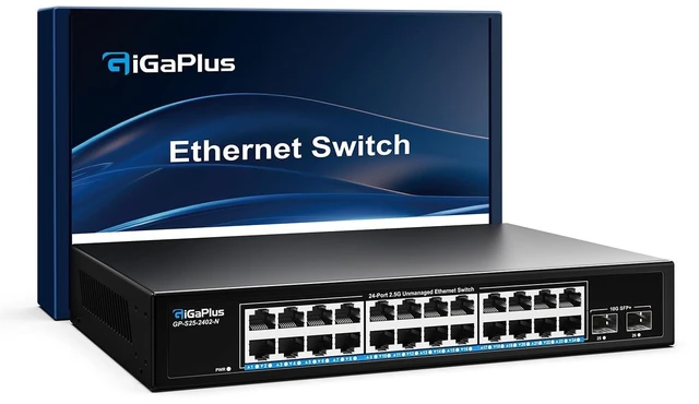 Main image of 26 Port 2.5Gb Unmanaged Ethernet Switch with 24* 2.5G Base-T Ports, 2* 10G SFP+ Ports. GiGaPlus 2.5Gbps Network Switch for 2.5Gbps NAS/PC, WiFi6 Router, Wireless AP. Fanless Design, Plug and Pl