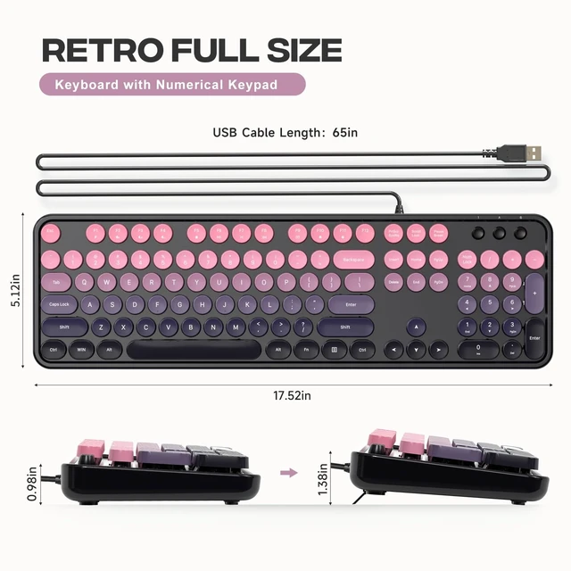 Alt view image 3 of 4 - KNOWSQT Wired Computer Keyboard - CherryPink-Gradient Retro Full Size Round Keycaps Plug and Play Typewriter Cute Keyboards for Windows, Laptop, PC, Desktop, Computer
