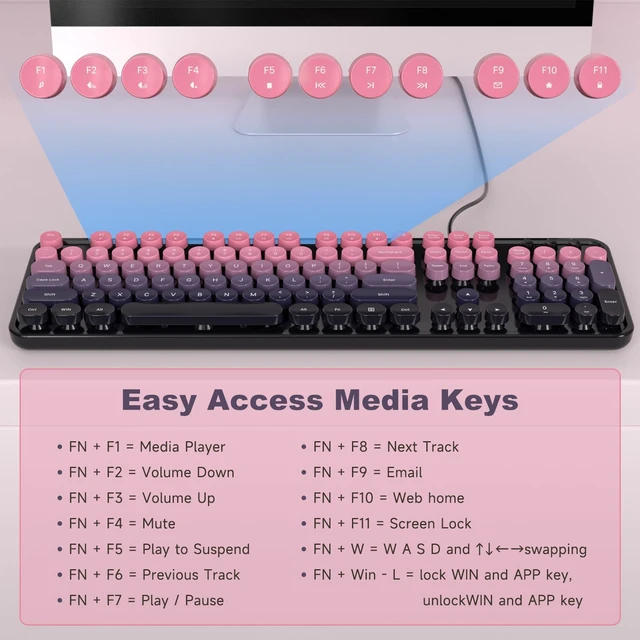 Alt view image 4 of 4 - KNOWSQT Wired Computer Keyboard - CherryPink-Gradient Retro Full Size Round Keycaps Plug and Play Typewriter Cute Keyboards for Windows, Laptop, PC, Desktop, Computer