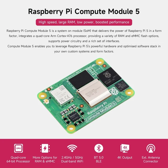 Alt view image 3 of 5 - Waveshare CM5 Pi Compute Module 5Comes with an Official Raspberry Pi CM5102000 (with Wireless, 2GB RAM, 0GB (Lite) eMMC Flash), an Antenna Kit and a HEATSINK (3 Items)