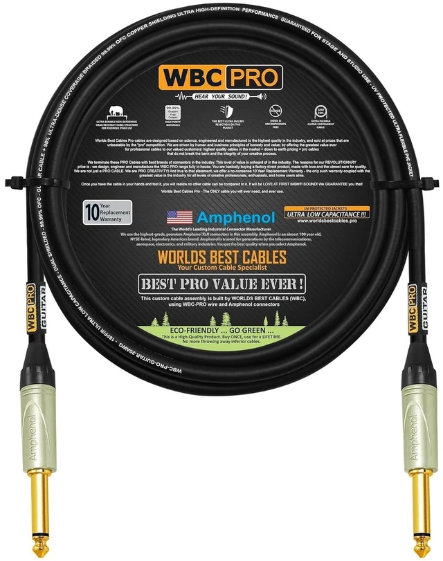 Main image of 10 Foot - WBC-PRO-Guitar 20 AWG - Low-Cap (18pF/ft) Pro-Grade Graphite-Based - Dual-Shielded Guitar, Bass, Instrument Cable with Amphenol QM2P-AU Inch (6.35mm) Gold TS Connectors
