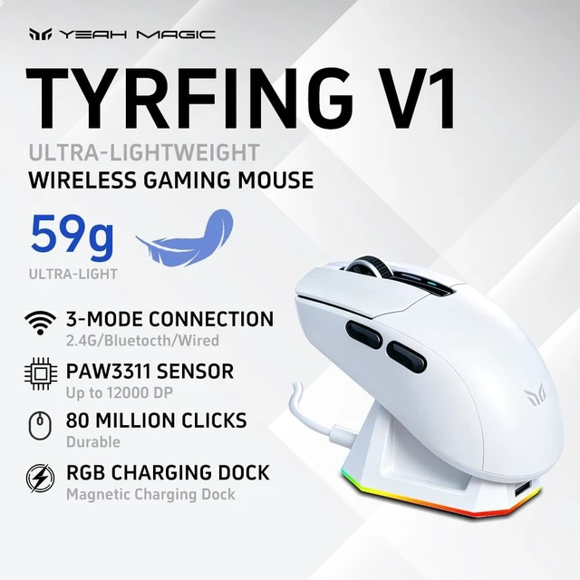 Alt view image 2 of 5 - yeah magic Tyrfing V1 Tri-Mode Wireless Gaming Mouse White
