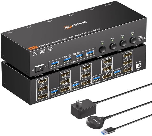 Main image of KVM Switch 3 Monitors 4 Computers Triple Monitor Dual Displayport and HDMI