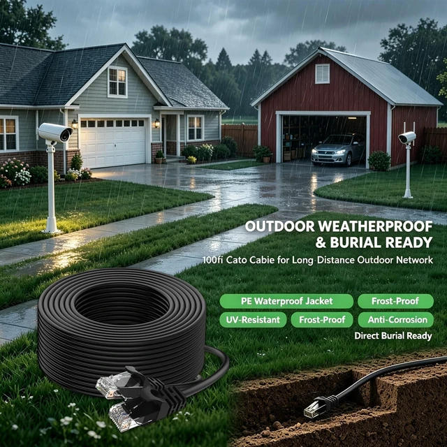 Alt view image 2 of 5 - LEKVKM Cat 6 Ethernet Cable 100 ft, 23AWG Solid CCA Copper-Clad Aluminum, PE Waterproof Outdoor, Rigid Durable Jacket for Direct Burial and Conduit Runs, Supports 10Gbps Black