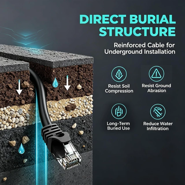 Alt view image 4 of 5 - LEKVKM Cat 6 Ethernet Cable 100 ft, 23AWG Solid CCA Copper-Clad Aluminum, PE Waterproof Outdoor, Rigid Durable Jacket for Direct Burial and Conduit Runs, Supports 10Gbps Black