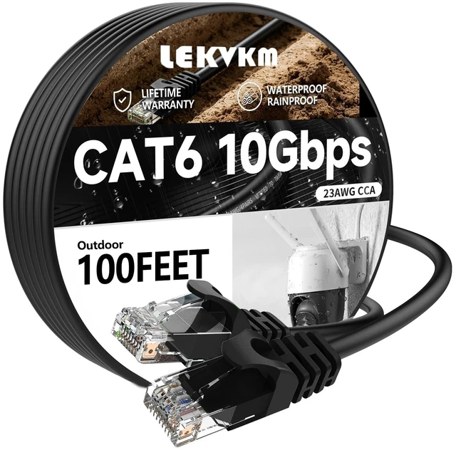 Main image of LEKVKM Cat 6 Ethernet Cable 100 ft, 23AWG Solid CCA Copper-Clad Aluminum, PE Waterproof Outdoor, Rigid Durable Jacket for Direct Burial and Conduit Runs, Supports 10Gbps Black