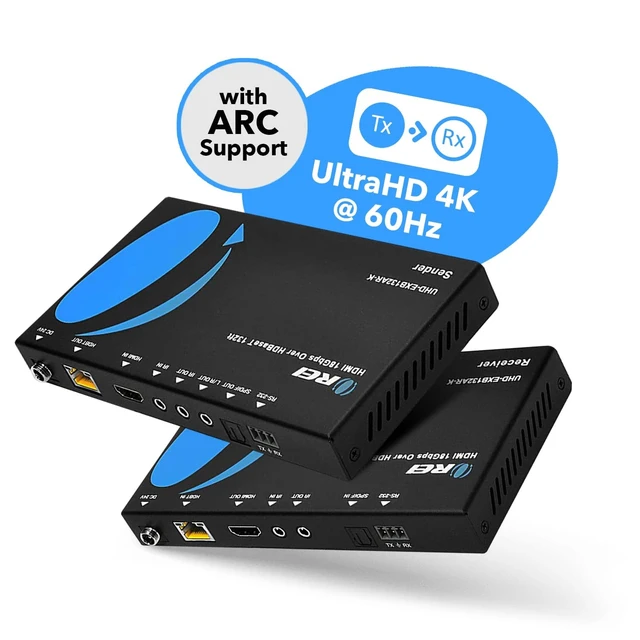 Alt view image 2 of 5 - OREI 4K HDMI Over Ethernet with ARC HDBaseT HDMI Over CAT6 with CEC, Bi-directional IR & RS-232 Signal Extension Up to 130 Ft with 4K@60Hz 4:4:4 PoE, ARC, Optical & L/R Audio out