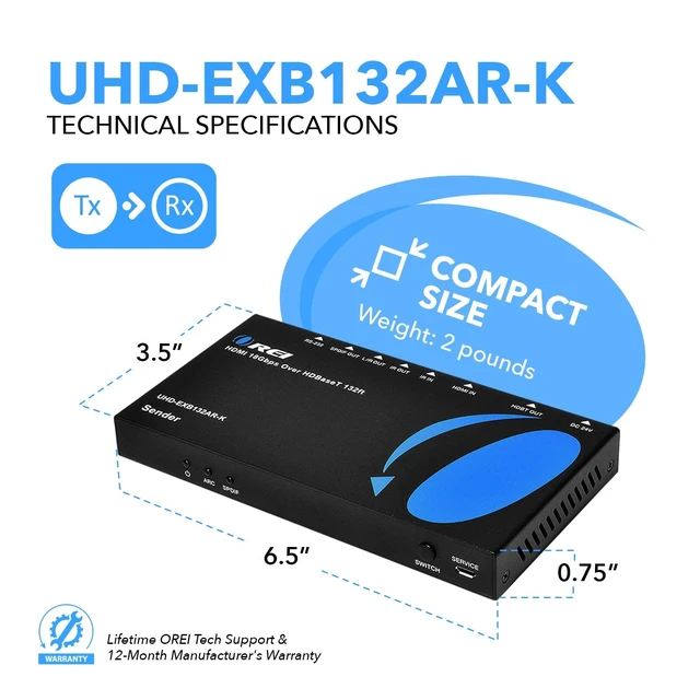 Alt view image 5 of 5 - OREI 4K HDMI Over Ethernet with ARC HDBaseT HDMI Over CAT6 with CEC, Bi-directional IR & RS-232 Signal Extension Up to 130 Ft with 4K@60Hz 4:4:4 PoE, ARC, Optical & L/R Audio out