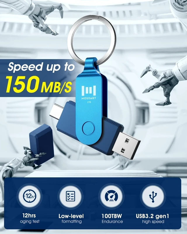 Alt view image 4 of 5 - MOSDART 1TB USB C and A 3.2 150MB/s Dual Flash Drive with Keychain, Navy
