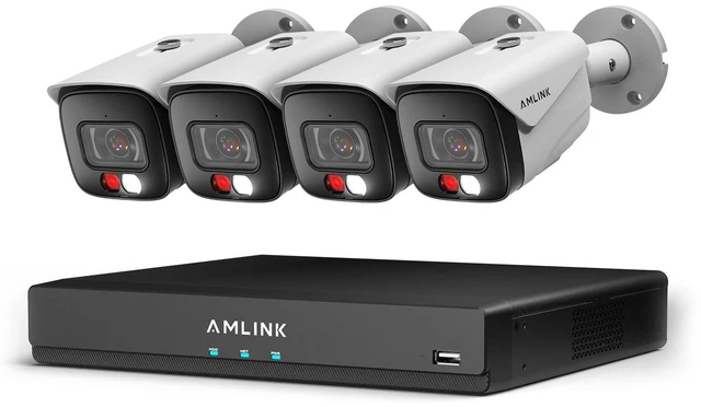 Main image of AMLINK 4K POE Security Camera System Outdoor, 8CH POE NVR, 4pc 4K Bullet Camera, Human/Vehicle Detection, IP67, Deterrent, Two Way Audio, Hard Drive Not Included, ALN-4108E-B8199EW4