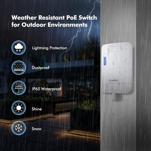 Alt view image 5 of 5 - MokerLink Outdoor 6 Port Gigabit PoE Switch, 4 Gigabit PoE, 2 Gigabit SFP, 65W IEEE802.3af/at, IP65 Weatherproof Plug & Play Network Switch