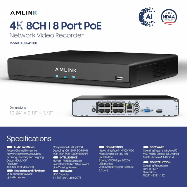 Alt view image 4 of 5 - AMLINK 4K POE Security Camera System Outdoor, 8CH POE NVR, 4pc 4K Bullet Camera, Human/Vehicle Detection, IP67, Deterrent, Two Way Audio, Hard Drive Not Included, ALN-4108E-B8199EW4