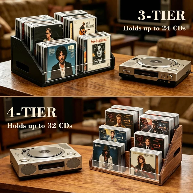 Alt view image 3 of 5 - Wanyshapy Wood CD Display & Storage Holder (4-Tier, Holds 32 CDs), Brown