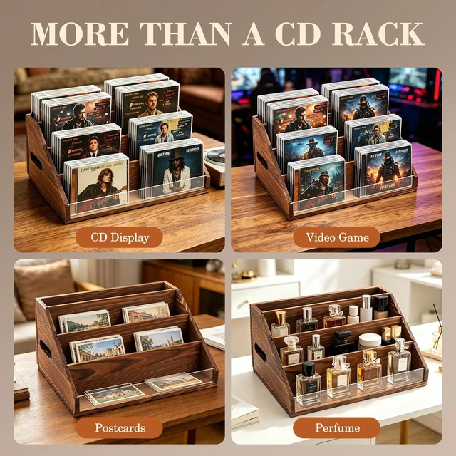 Alt view image 5 of 5 - Wanyshapy Wood CD Display & Storage Holder (4-Tier, Holds 32 CDs), Brown