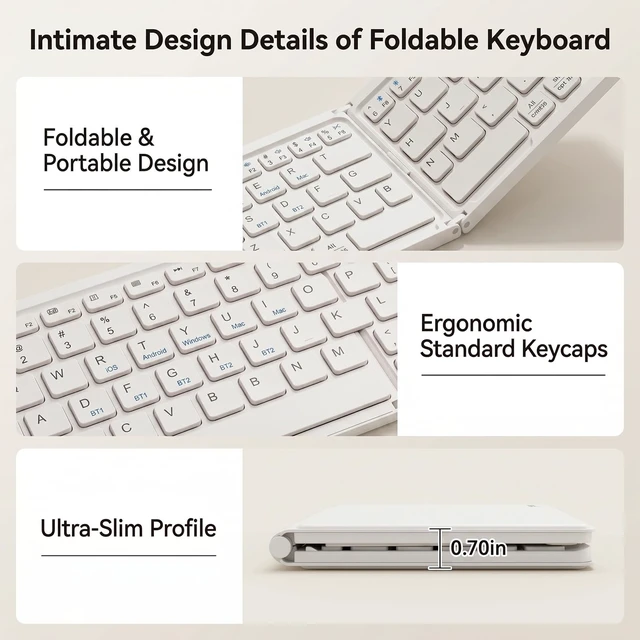 Alt view image 3 of 5 - Wireless Foldable Mini Rechargeable 5.4 Bluetooth Keyboard, 3 Bluetooth Channels, Ultra-Slim Travel Keyboard for iPhone iPad Mac Android Windows iOS, Silent Keyboard for Tablet Laptop Office (W