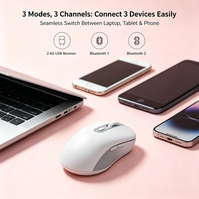 Alt view image 2 of 5 - Rechargeable Tri-mode Wireless Mouse,Silent Click Ergonomic , 3 Devices Switchable, Adjustable Sensitivity Levels, Type-C , Multi-color Portable Cute Compatible with Windows Laptop PC Tablet (w