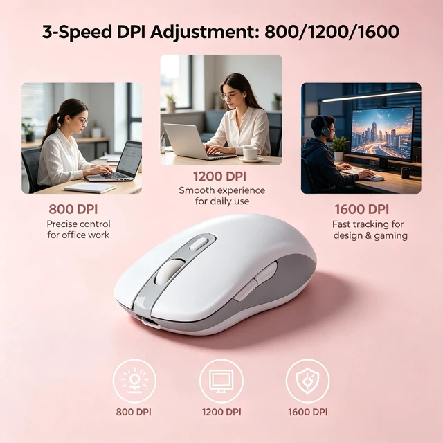 Alt view image 3 of 5 - Rechargeable Tri-mode Wireless Mouse,Silent Click Ergonomic , 3 Devices Switchable, Adjustable Sensitivity Levels, Type-C , Multi-color Portable Cute Compatible with Windows Laptop PC Tablet (w