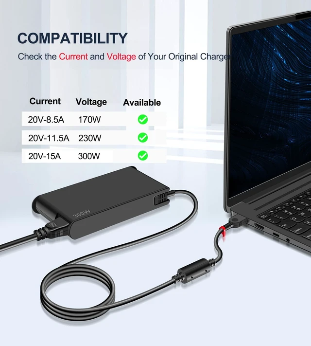 Alt view image 3 of 5 - 300W Laptop Charger Compatible with Lenovo Legion Pro 7 7i 5 5i Y720 Y740 ThinkPad R7000P R9000P Y9000K 9000K ADL300SLC3A ADL300SDC3A Power Supply AC Adapter