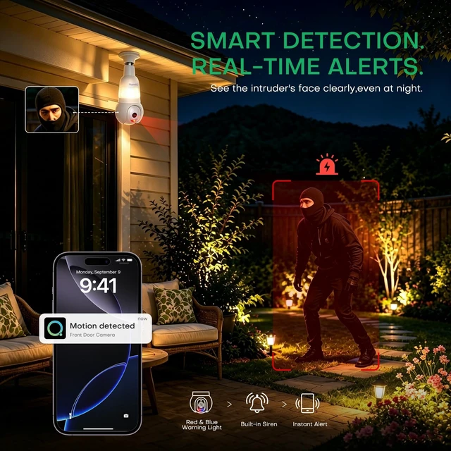 Alt view image 4 of 5 - HomiQ 3MP 2K WiFi Light Bulb Camera with Alexa,Full-Color Night Vision,12x