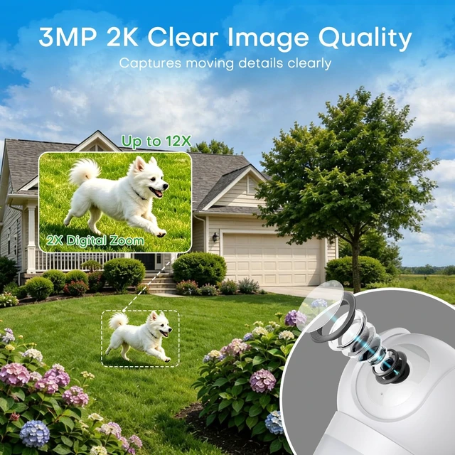 Alt view image 3 of 5 - HomiQ 3MP 2K WiFi Light Bulb Camera with Alexa,Full-Color Night Vision,12x