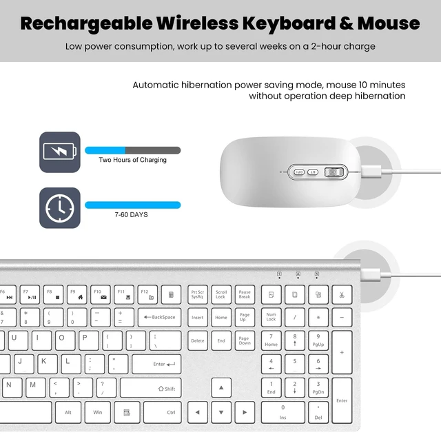 Alt view image 3 of 5 - cimetech Rechargeable Full Size Wireless Keyboard and Mouse Combo - Silver