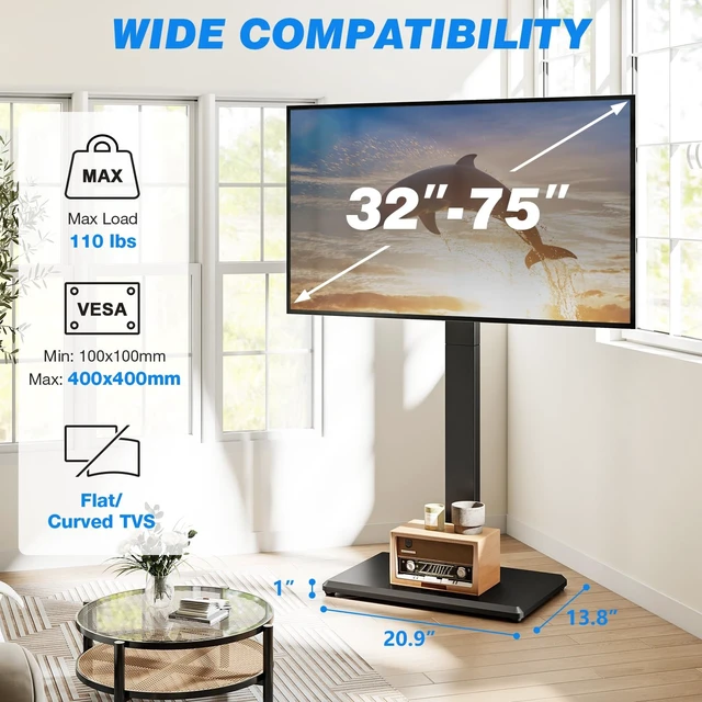 Alt view image 2 of 5 - Rfiver Floor TV Stand for 32-75 Inch TVs with Wooden Base