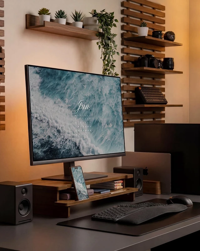 Alt view image 2 of 5 - WELL WENG Monitor Stand Riser,Wood Desk Shelf with Phone & Tablet Slot