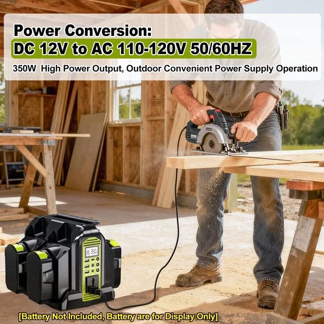 Alt view image 4 of 5 - Mewryytuo Power Inverter 4 Port for Ryobi 18V Battery, 350W Power Battery Inverter Pure Sine Wave, DC 18V to AC 110-120V and USB-A & USB-C Port for Camping, Jobsite, Emergency Backup (Tool Only)