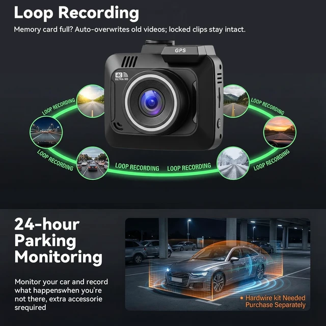 Alt view image 5 of 5 - 4K Dash Cam Front and Rear,WiFi with App Dash Camera for Cars Built-in GPS Night Vision Wide Angle 2.4" IPS Screen, Loop Recording, 24H Parking Monitor