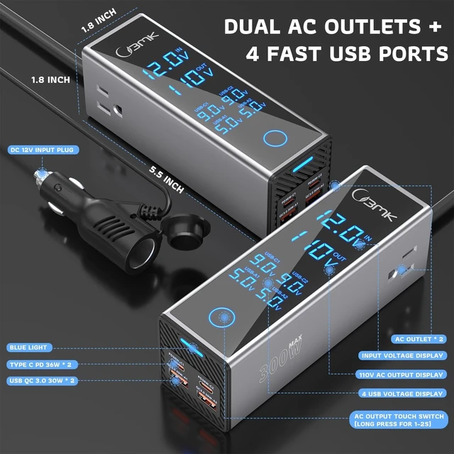Alt view image 3 of 5 - 300W Car Power Inverter 12V DC to 110V AC Outlet Adapter 4 Fast USB Ports with PD 36W QC3.0 LCD Voltage Display Stackable Design for Laptop CPAP Road Trip Essentials