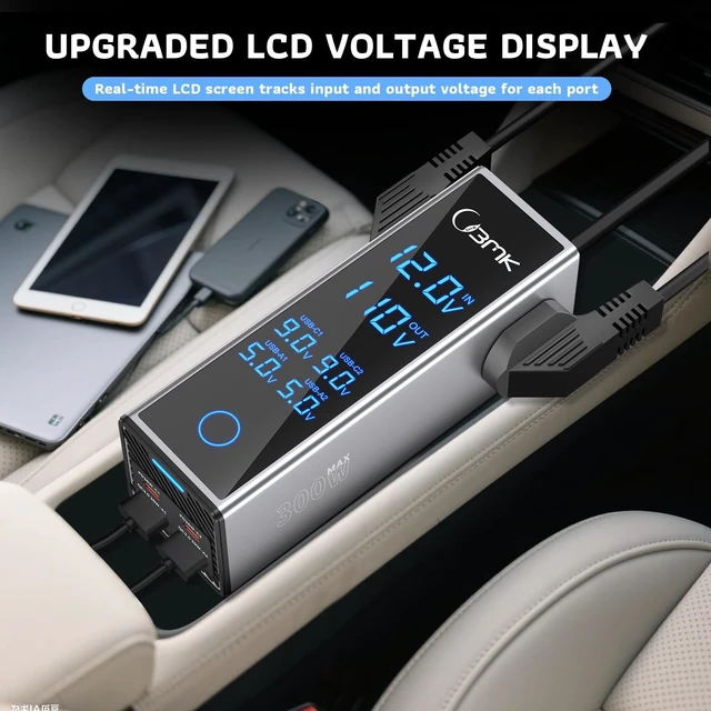 Alt view image 4 of 5 - 300W Car Power Inverter 12V DC to 110V AC Outlet Adapter 4 Fast USB Ports with PD 36W QC3.0 LCD Voltage Display Stackable Design for Laptop CPAP Road Trip Essentials