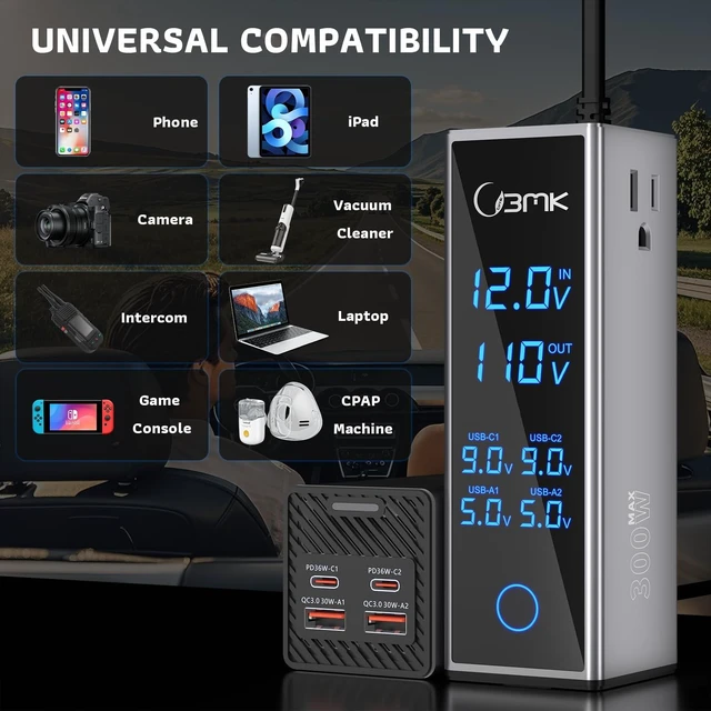 Alt view image 5 of 5 - 300W Car Power Inverter 12V DC to 110V AC Outlet Adapter 4 Fast USB Ports with PD 36W QC3.0 LCD Voltage Display Stackable Design for Laptop CPAP Road Trip Essentials