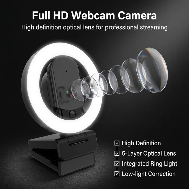 Alt view image 2 of 5 - HUYEOOG 4K Ultra HD Webcam with Microphone, 3-Color Fill Light & Privacy Cover, 90 Wide Angle AutoFocus Webcam with Tripod & USB C Adapter, Plug & Play for PC/Laptop/Zoom/Streaming/Gaming (Black)