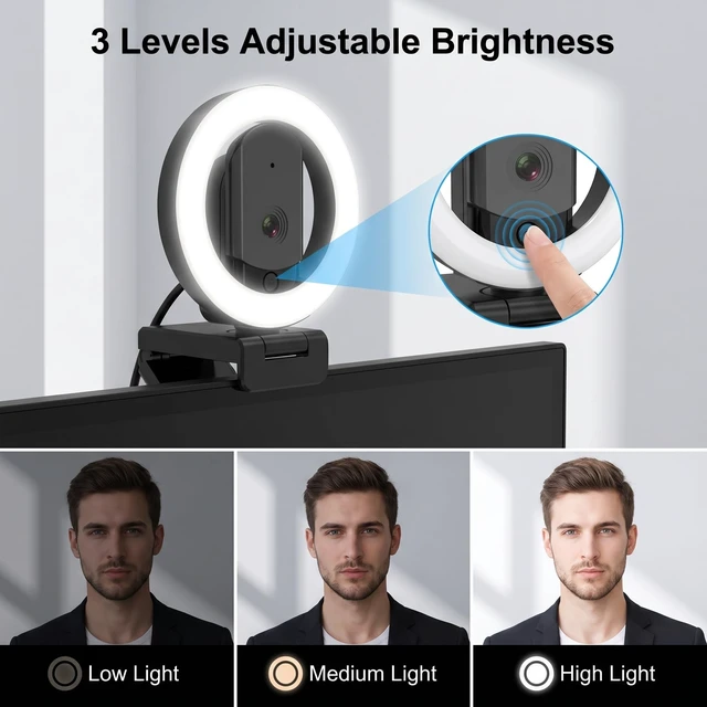 Alt view image 3 of 5 - HUYEOOG 4K Ultra HD Webcam with Microphone, 3-Color Fill Light & Privacy Cover, 90 Wide Angle AutoFocus Webcam with Tripod & USB C Adapter, Plug & Play for PC/Laptop/Zoom/Streaming/Gaming (Black)