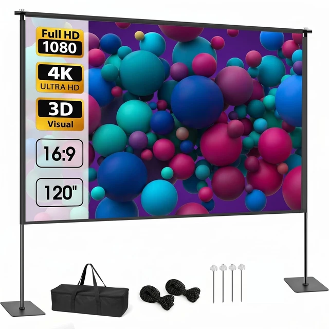 Main image of 120 Inch Projector Screen with Stand, 16:9 4K HD Portable Projector Screen, Indoor Outdoor Front/Rear with Carry Bag for Home Theater Backyard Camping Movie Night